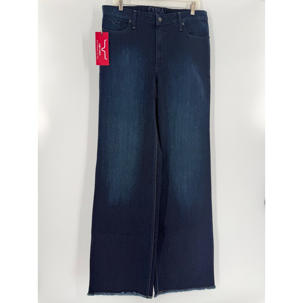 Kimes Ranch Olivia Dark Wash Wide Leg Raw Hem Western Jeans Size 14/36 NWT